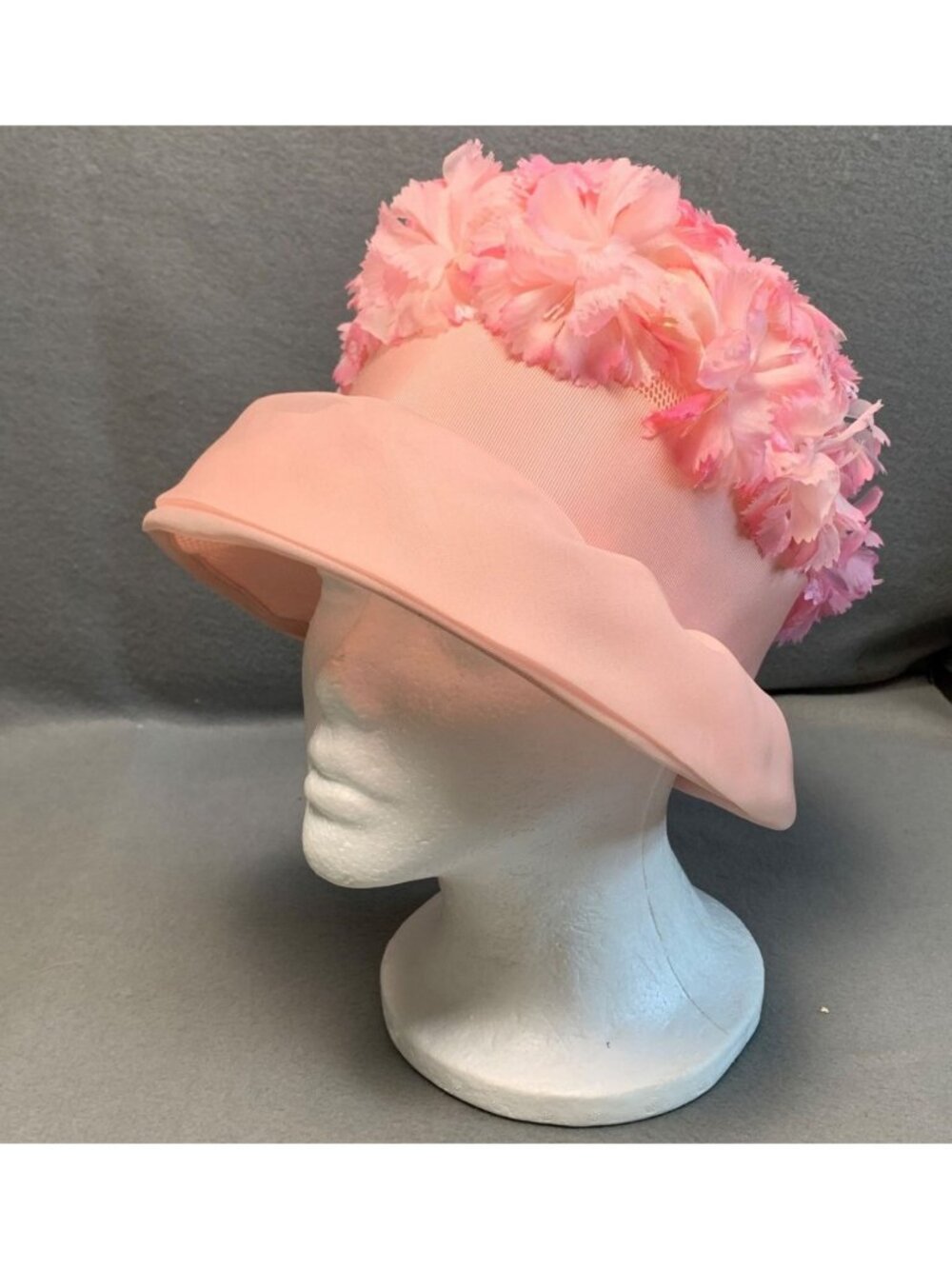 Womens 1960s Pink Floral Hat with Sheer Mesh Union Made Vintage